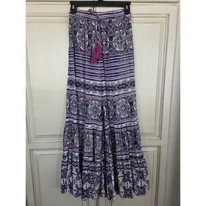 True Destinations Wide Leg Tiered Pants Women's S/m Boho Print Artsy Vacation‎